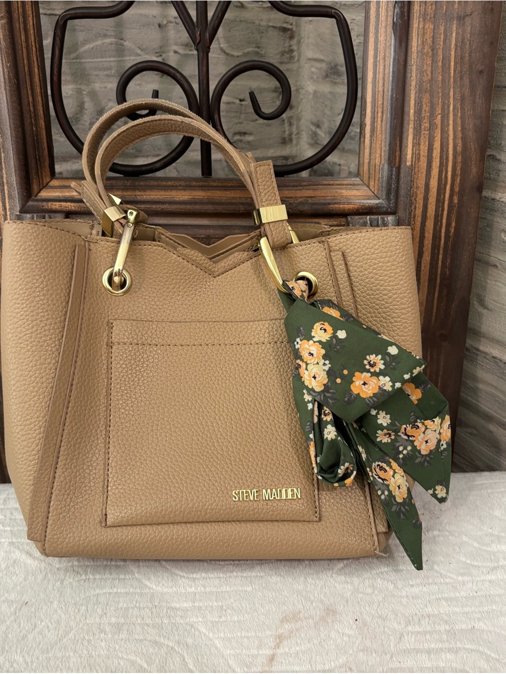 Steve Madden Tan Pebbled Leather Tote with Floral Accent Scarf